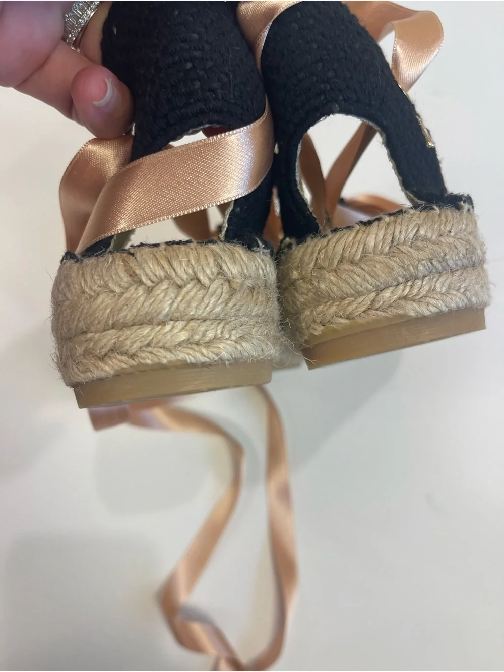 handmade Black Espadrilles 8.5/39 Sandals Lace Up Pink Satin Ribbons Balletcore